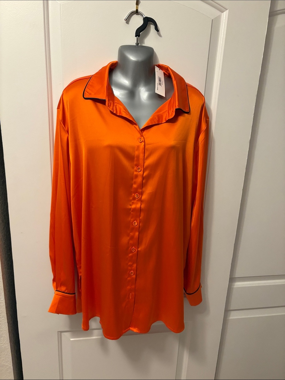 Long-Sleeve Satin Button-Down Shirt in Bright Orange with Contrast Piping